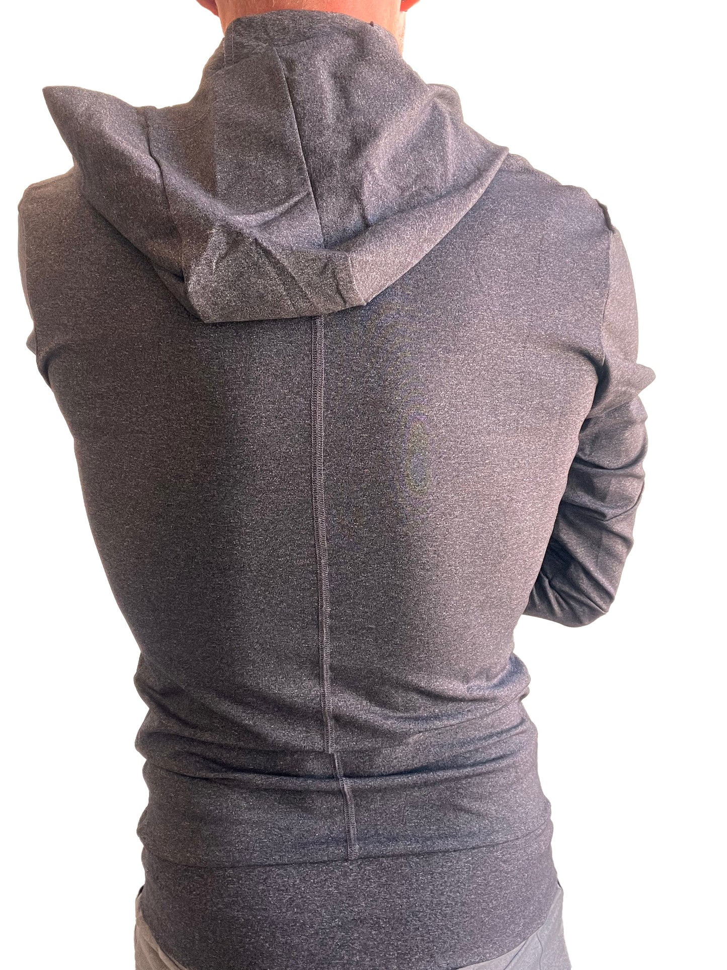 Performance premium form-fit crossover yoga track hoodie in charcoal heather textured dark gray fabric with long sleeves