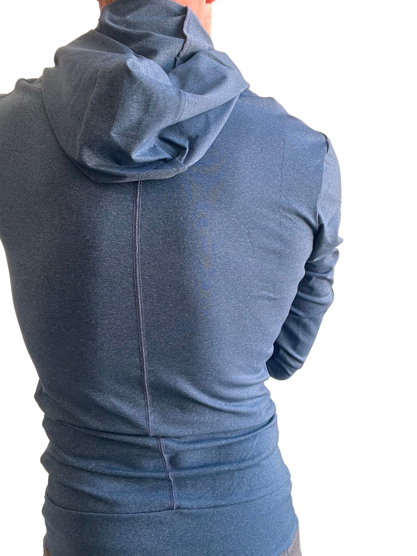 A fitted coral blue heathered performance yoga track hoodie with ribbed texture and long sleeves