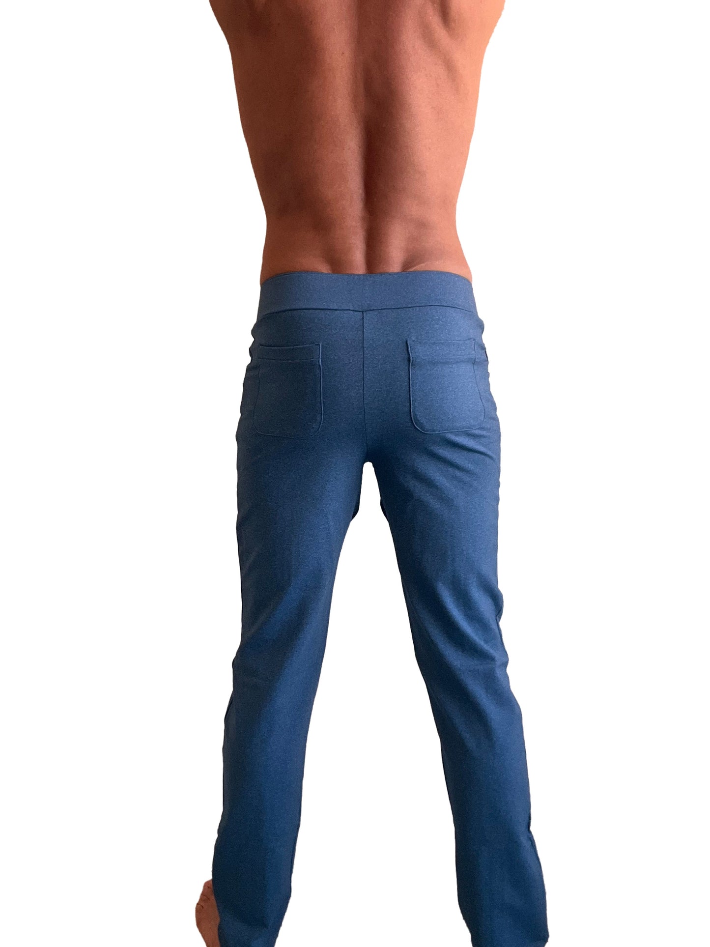 Rear view of coral blue heather performance premium tactical urban dress pant yoga pant in slim fit denim fabric