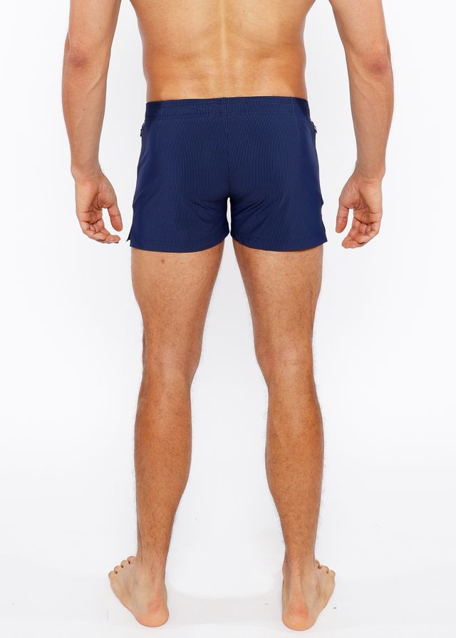 Navy blue ribbed pinstripe swim short made of lightweight fabric ideal for comfortable beachwear