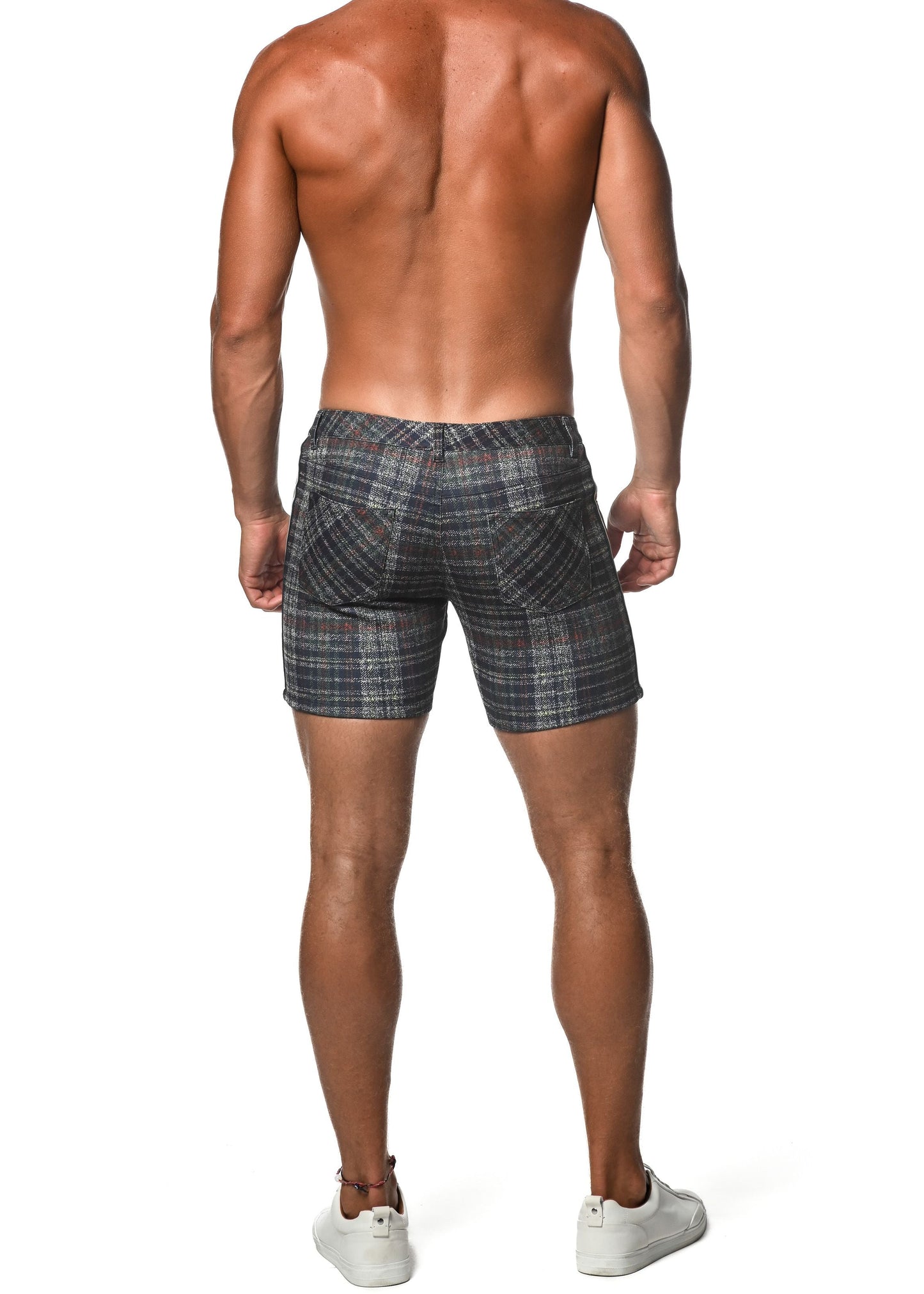 Dark gray plaid stretch knit shorts with tailored fit and two back pockets shown from the back side