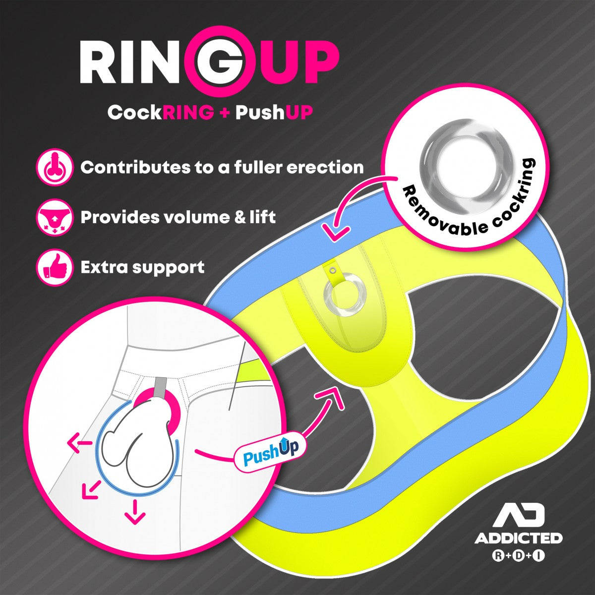 Pleated ring skirt featuring a bright yellow and blue silicone ring with a removable silver cocking ring