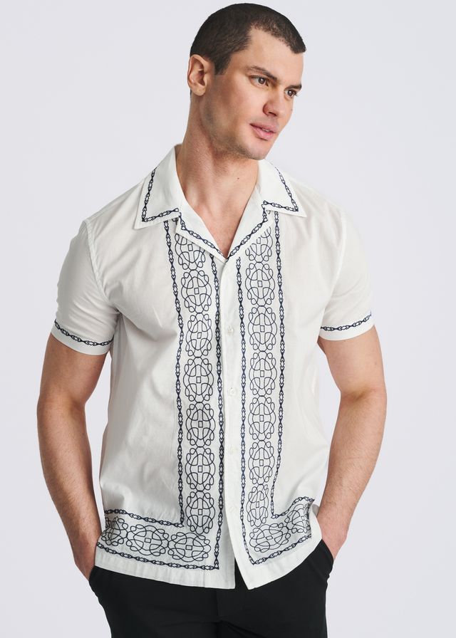 POSTMARC Medallion Embroidered Border S/S Shirt - White/Cobalt