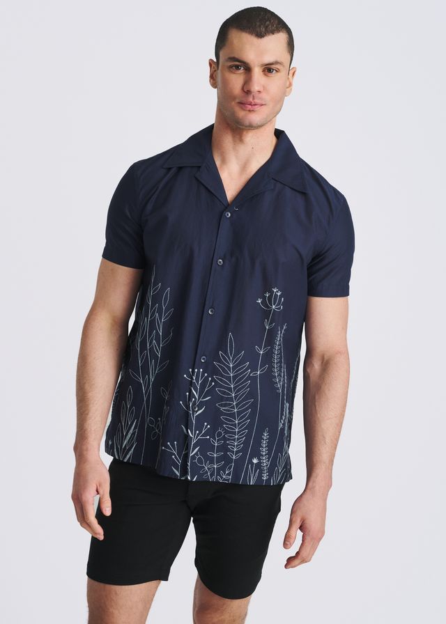 POSTMARC Embroidered Border S/S Shirt - Navy/Sky