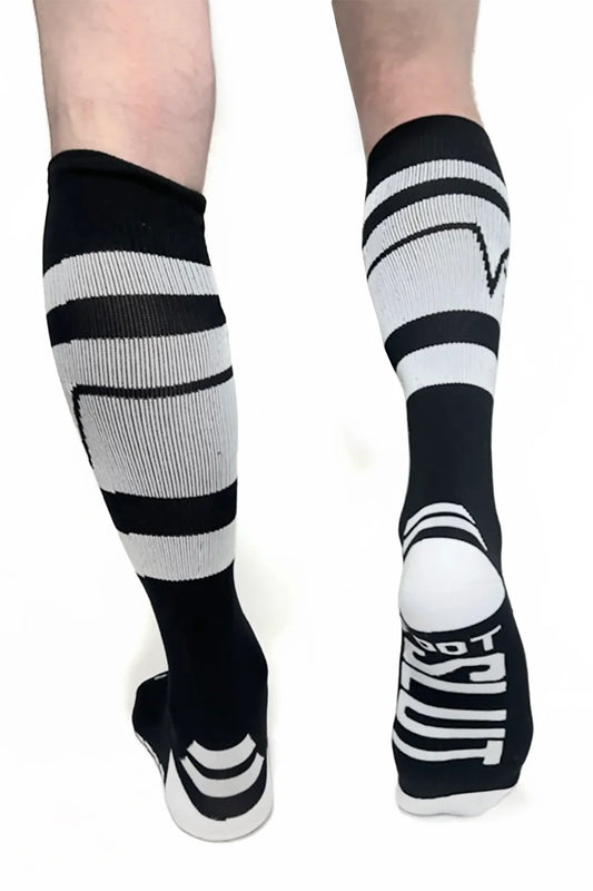 Pocket socks black and white striped knee-high socks with athletic design and tuscany on the heel back view