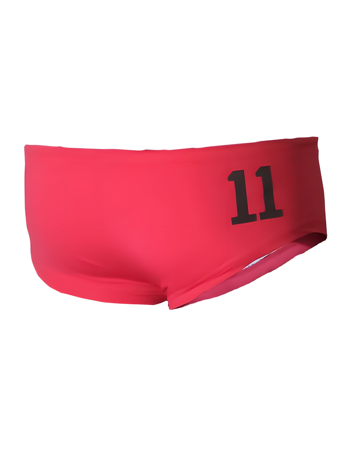 Bright red pride Justin brief swim trunks with bold black number 11 printed on the side for active wear
