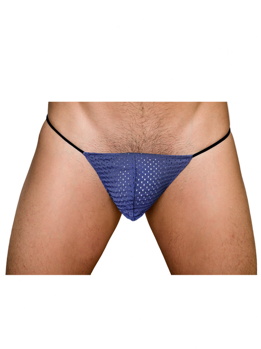 Blue mesh thong with black elastic waistband front view from the pride mesh g-string collection