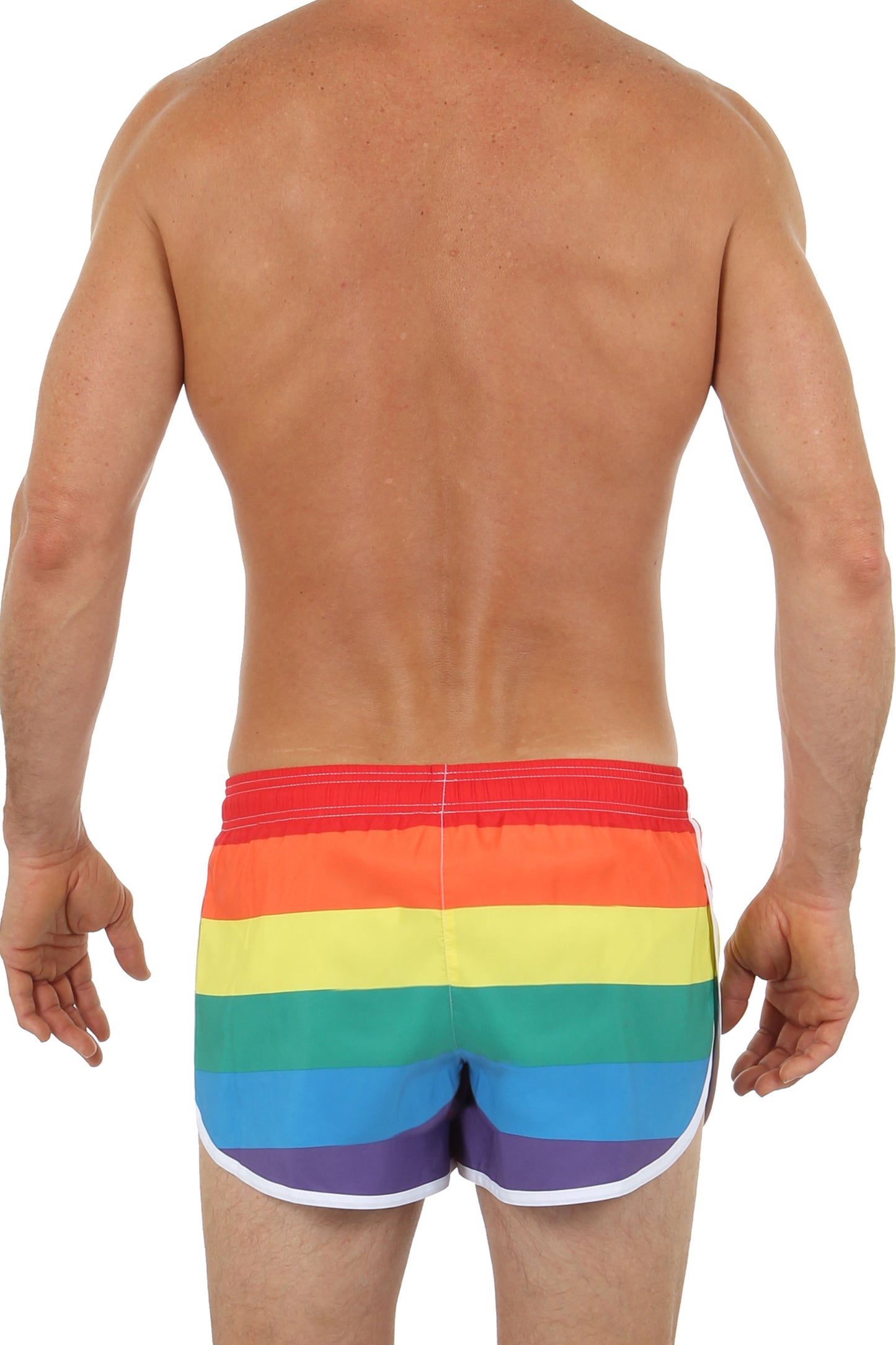 Pride swim short in rainbow-striped swim trunks with white trim designed for vibrant beachwear
