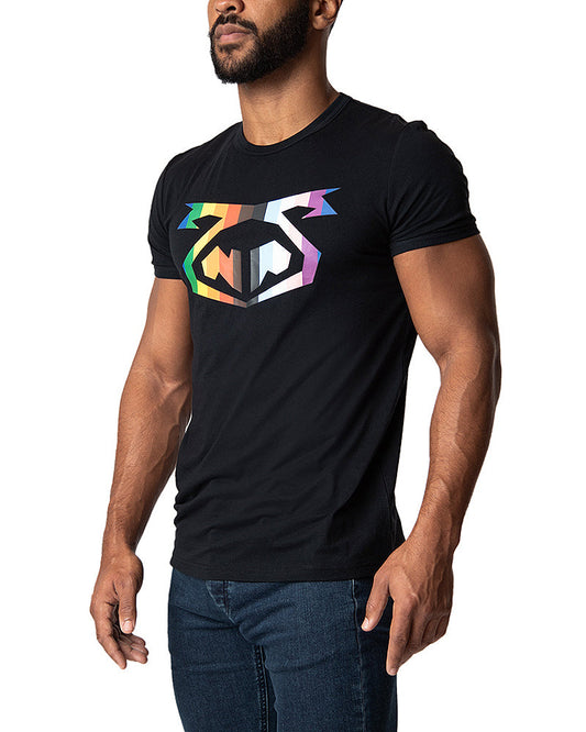Black short-sleeved pride tee 2.0 with bold geometric logo and rainbow-colored accents on soft cotton fabric