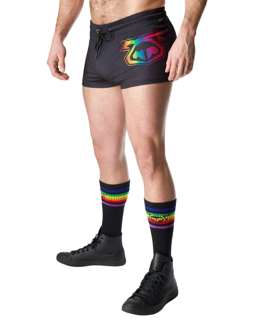 Black prism pride trunk short with vibrant rainbow logo front made of athletic fabric for active wear