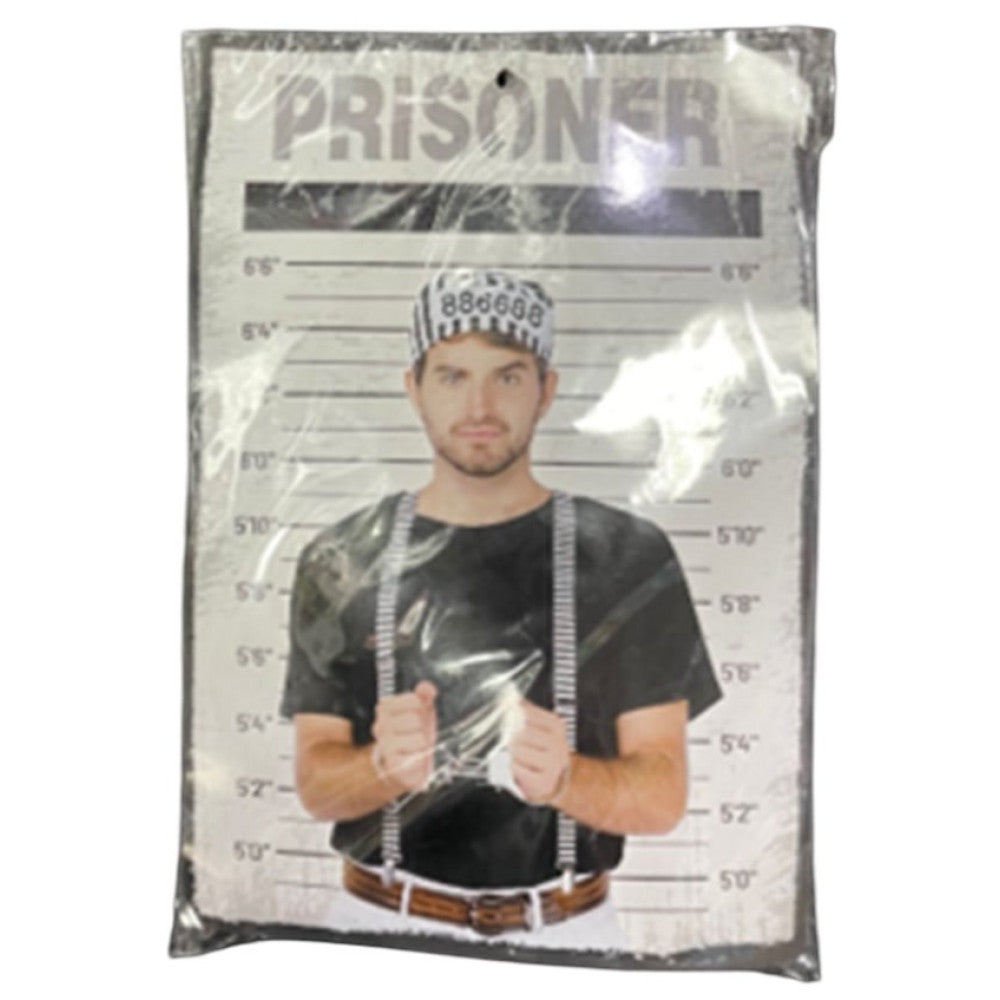 A prisoner dress-up kit with a printed mugshot costume featuring a man in black t-shirt striped prison hat and silver suspenders