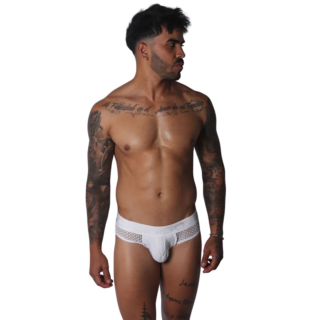 White low-rise brief with side mesh panels and a textured pouch, featuring an elastic waistband with Gigo branding.