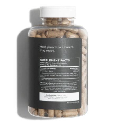 Clear plastic bottle with white cap and black label containing light brown capsules for pure for men supplement