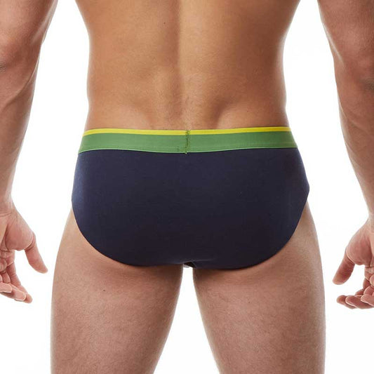 Navy blue swim trunks with green and yellow striped waistband from papi heritage clasico hip brief 3 pack size m