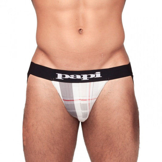 White and gray plaid papi microflex jock strap underwear with black waistband and white logo size l