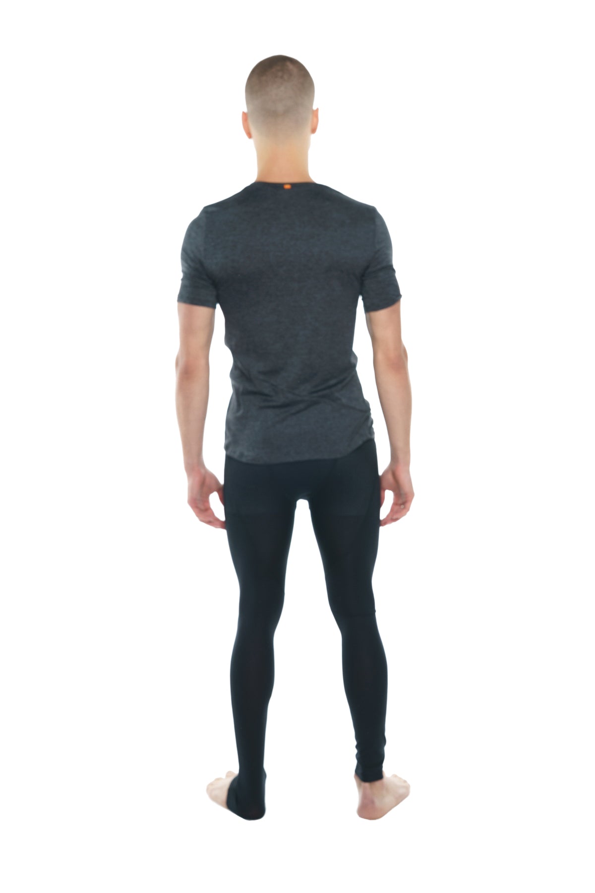Dark gray short-sleeved athletic crew-neck tee with subtle texture and orange tag perfect pocket charcoal heather