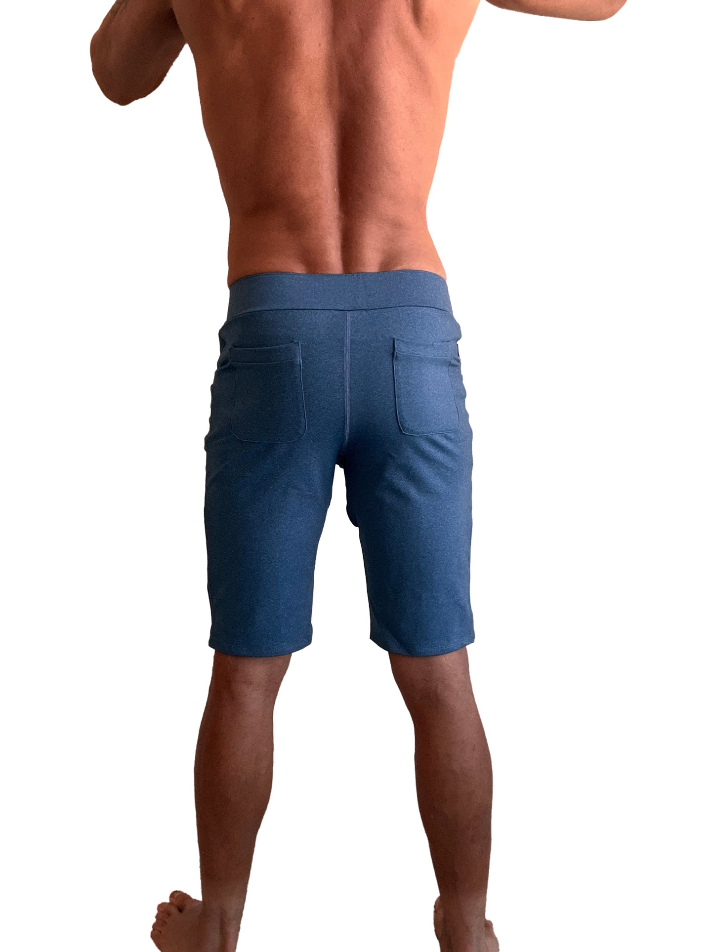 Back view of coral blue heather performance premium urban tactical dress shorts with fitted waistband and two rear pockets