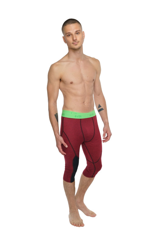 Performance yoga leggings 3/4 in brick red heather with bright green waistband and black panel accents for athletic use