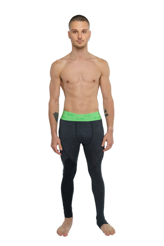 Performance yoga leggings long charcoal heather in black with bright green waistband and white text front view