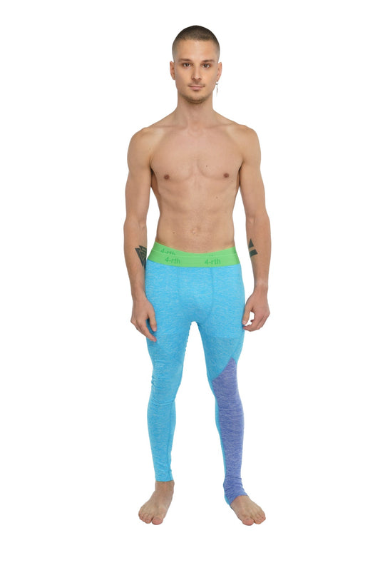 Performance yoga leggings long coral heather with bright turquoise and purple gradient and lime green waistband