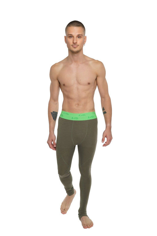 Olive green full-length performance yoga leggings with a bright neon green waistband featuring 4th branding
