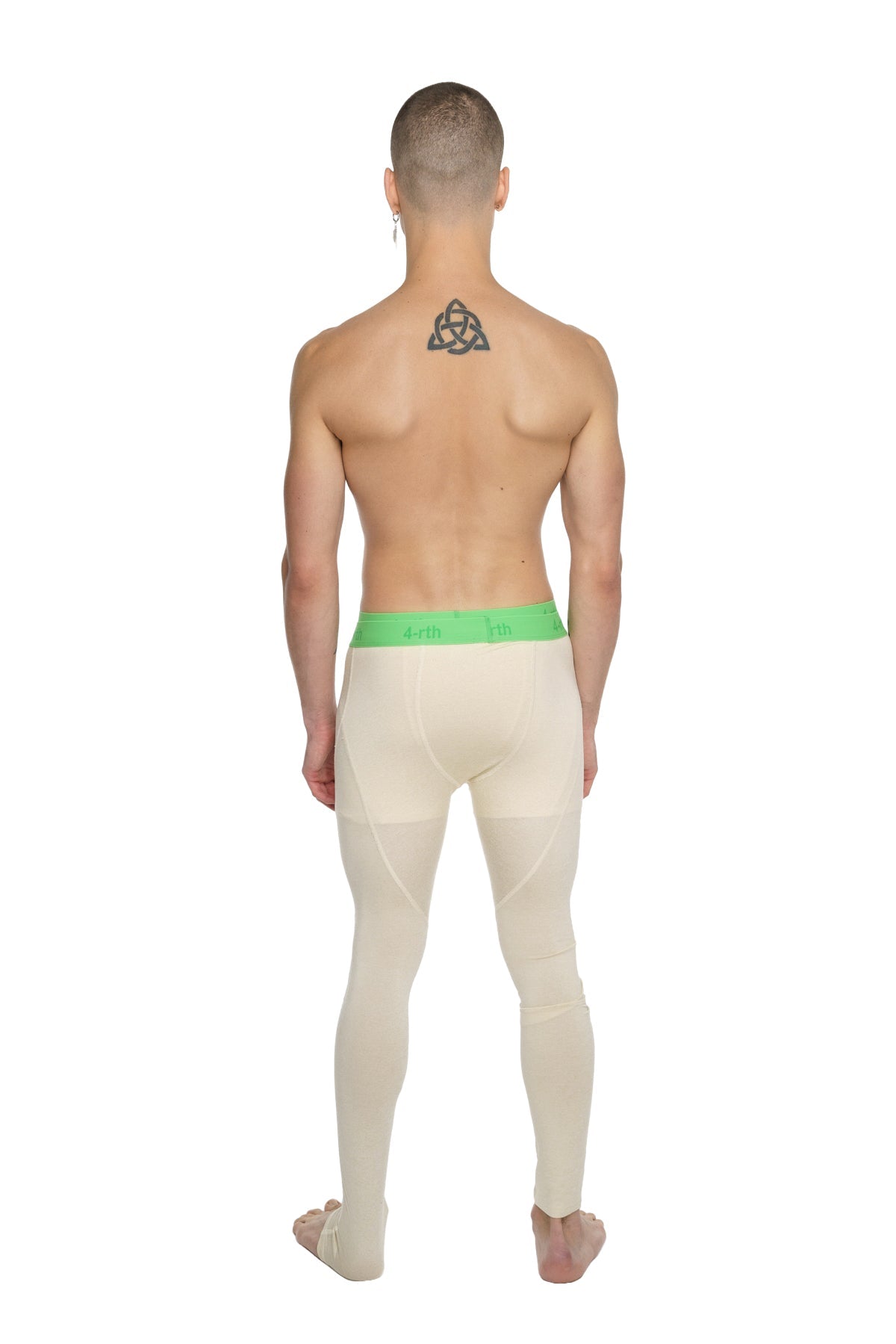 Cream-colored performance yoga leggings with bright green waistband in sand beige for long wear and comfort