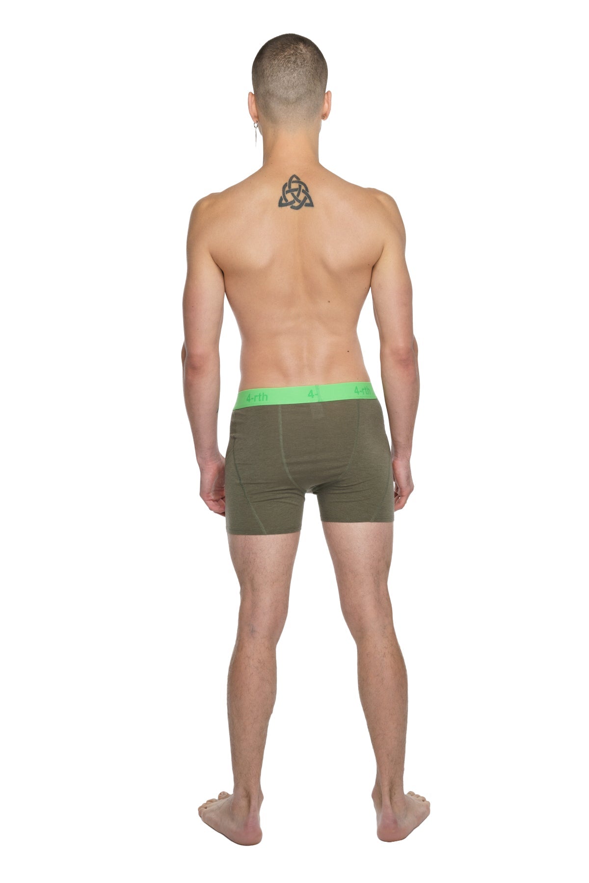 Olive green boxer briefs with bright neon green waistband designed for performance and yoga activities