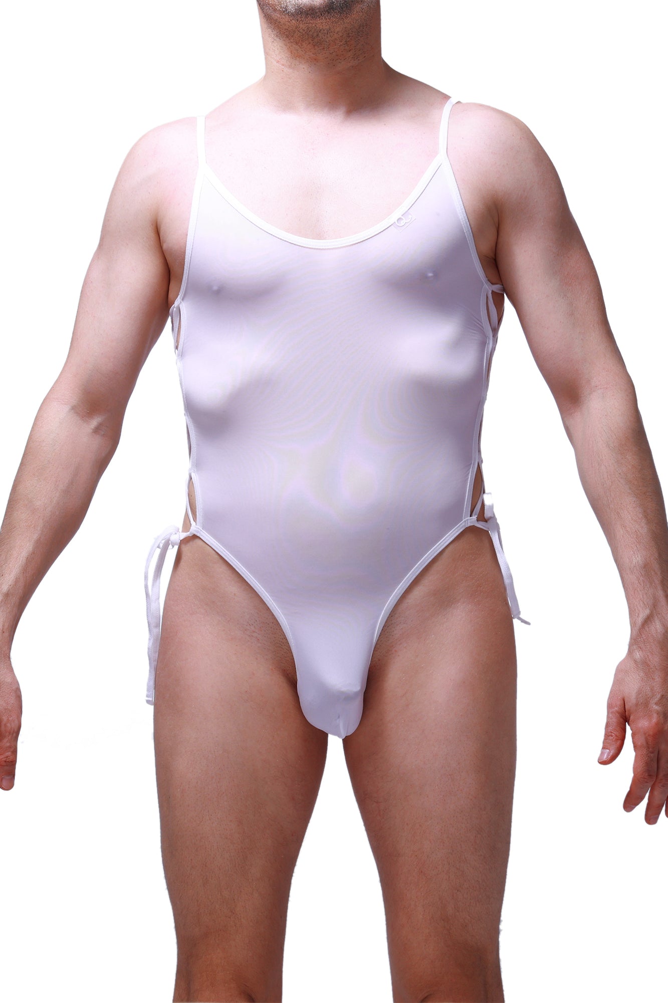 White sheer one-piece swimsuit with thin straps and side ties from PetitQ body lacets plum white collection