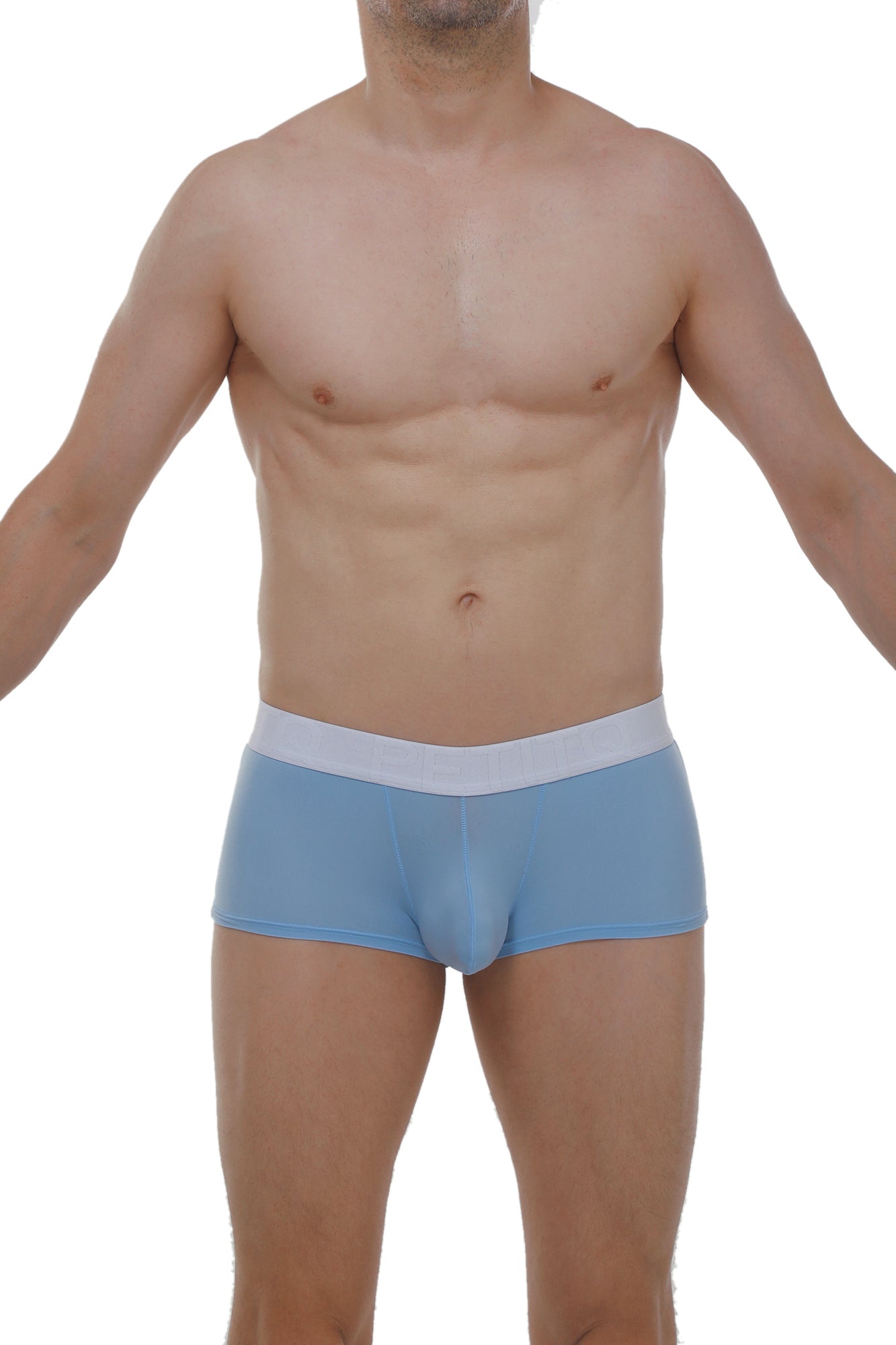 Light blue petitq boxer brief dome skine with contrasting white waistband designed for comfortable support