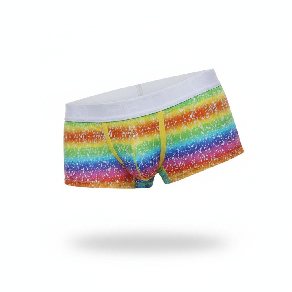 Petitq boxer brief rainbow with rainbow stripes white elastic waistband and yellow drawstrings for men