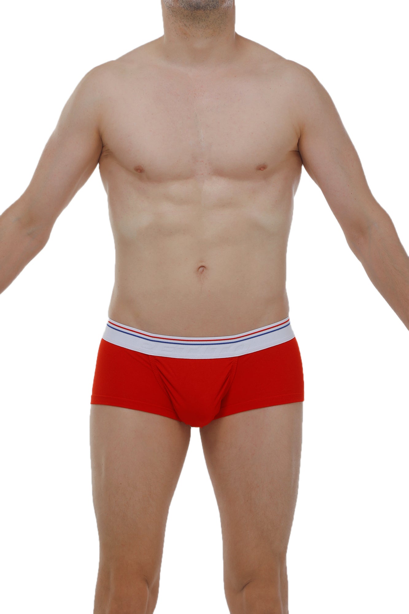 Red petitq boxer briefs with white waistband and thin blue and red stripes made from taik modal fabric