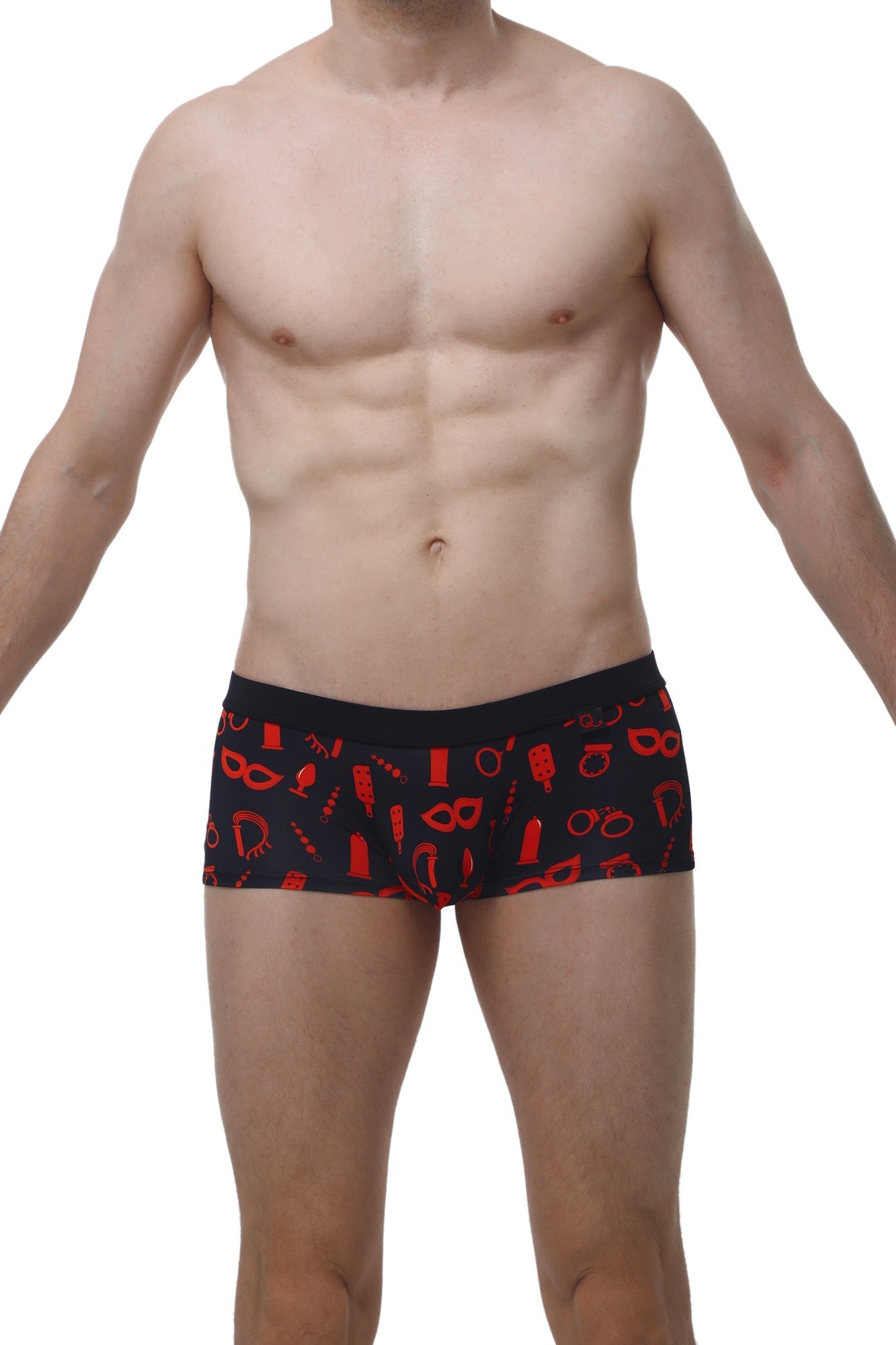 Black men’s briefs petitq boxer meljac boudoir with bold red party and playful accessory pattern
