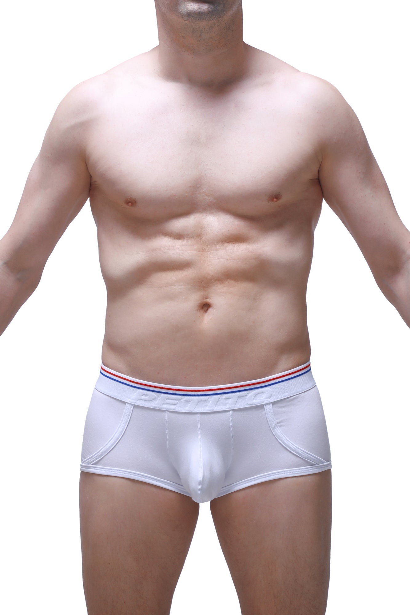 White petitq boxer morrier briefs with red white and blue striped waistband and dentist brand name in black