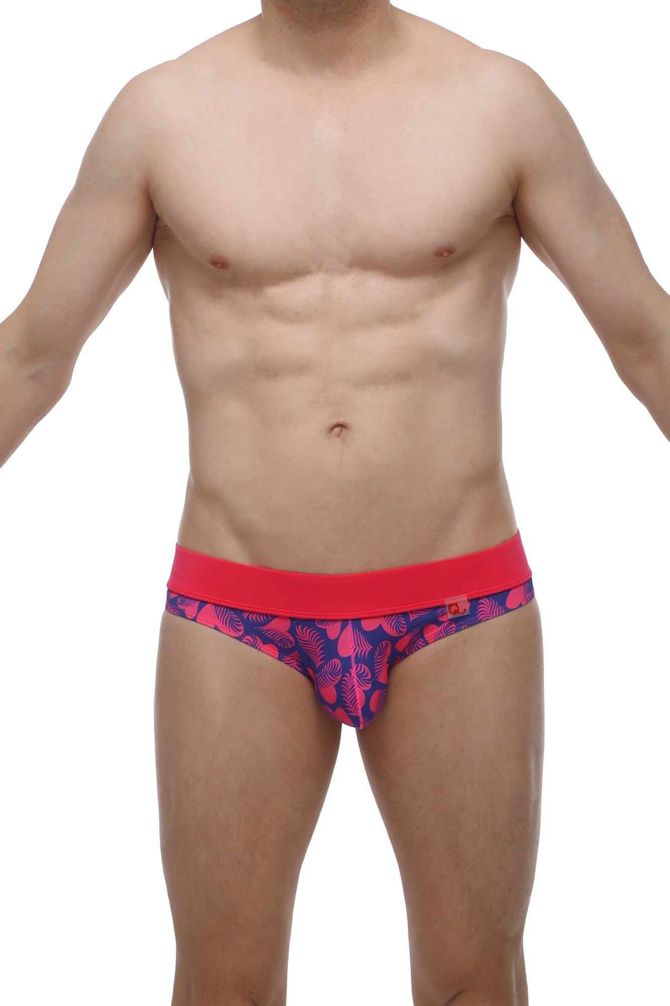 PetitQ brief Blaru Tropical Hearts vibrant pink and navy blue patterned briefs with bold red waistband front view