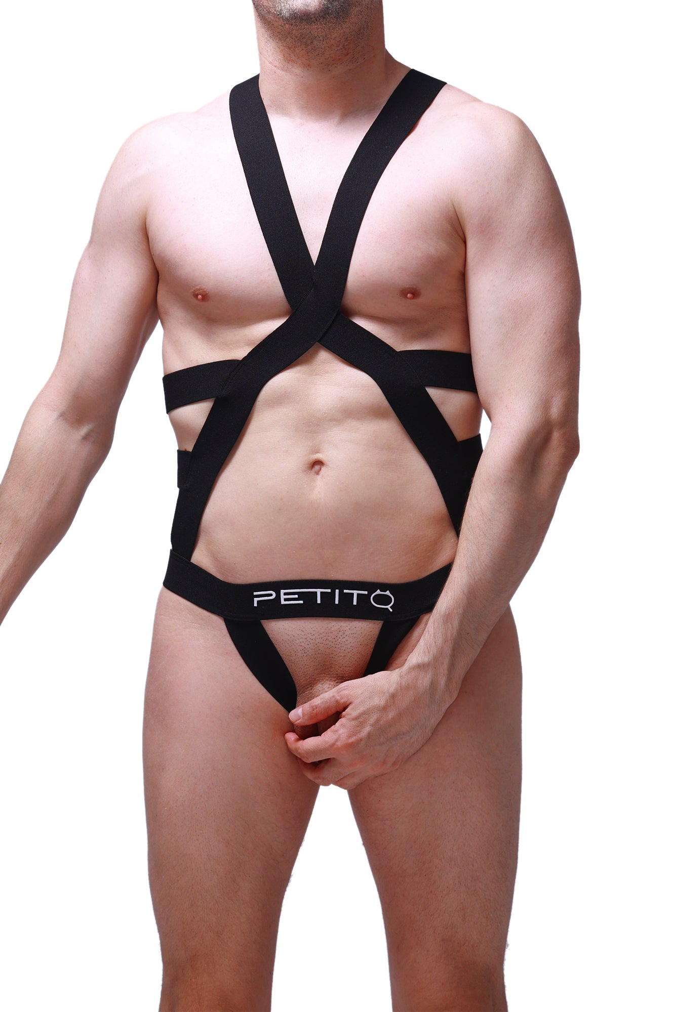 Black petitq jock harness champol bodysuit with crisscross straps and waistband showing the back side