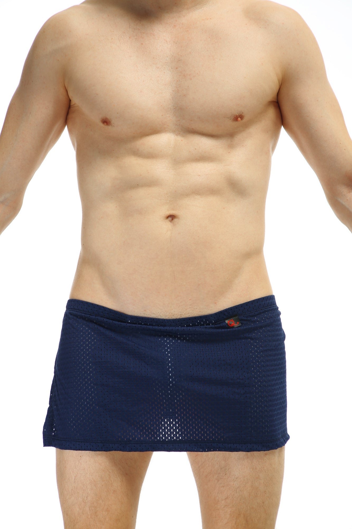 Navy blue mesh swim trunks with a ribbed texture and a small orange logo on the waistband by PetitQ