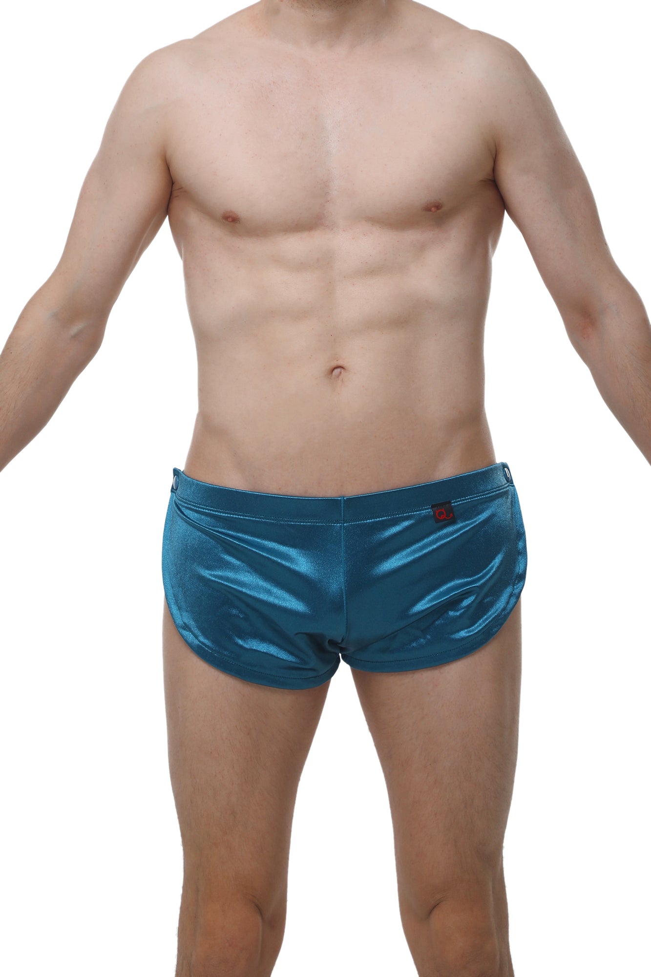 Shiny teal metallic swim trunks petitq shorts snap satin teal with a sleek satin finish for vibrant beachwear