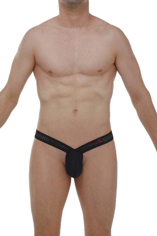 Black mesh briefs with a red petitq logo on the waistband showing the front design and breathable material