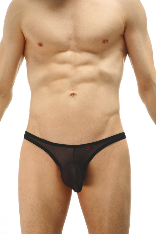 Black sheer mesh thong with a small red logo on the waistband shown from the back in the PetitQ Thong Lasso Cockring Net product