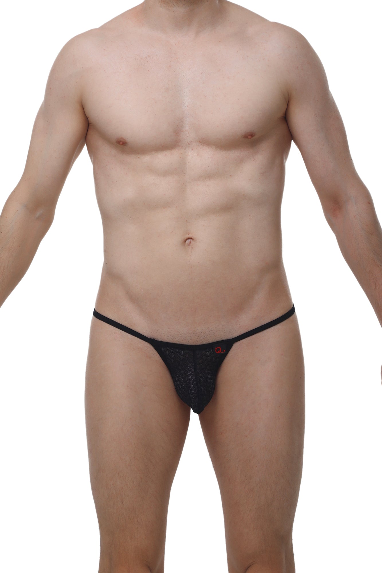 Black lace thong petitq thong migny macra black with thin waistband and subtle red logo detail