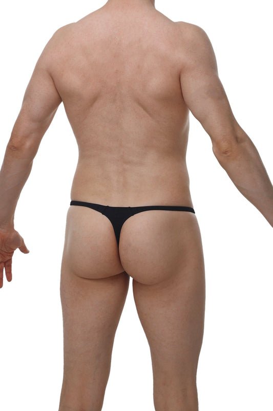 Black thong underwear with a thin seamless waistband and minimalistic design by arthus and nico for men