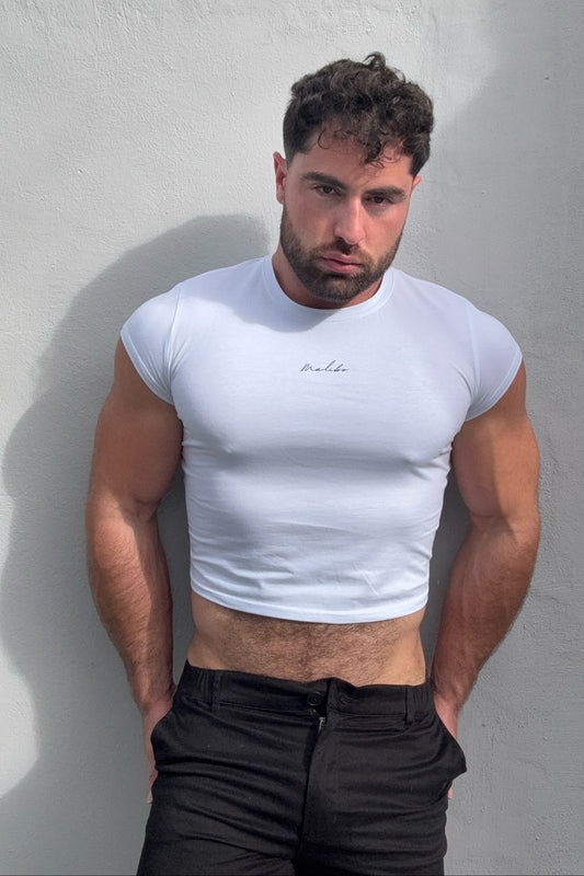 JJ Malibu Men's Muscle-Fit Crop Half-Sleeve Tee - White