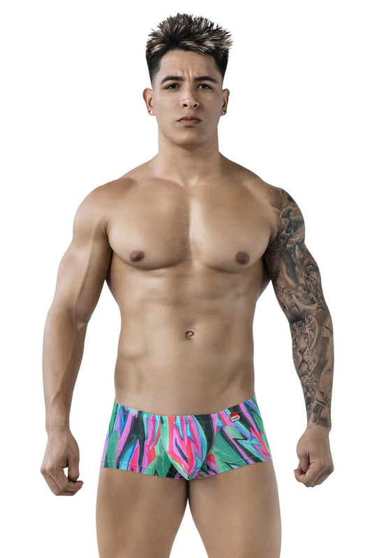 Vibrant multicolored tropical print briefs pikante pik 1828 abstract trunks color green with bold geometric pattern