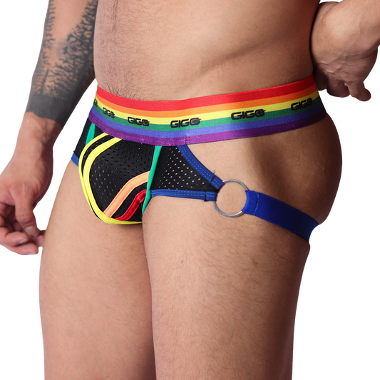 Side view of Gigo Pride jockstrap: black mesh, rainbow waistband, colorful trim, and a silver metal O-ring detail.