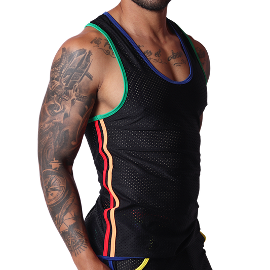Side view of Gigo Pride tank in black mesh fabric with rainbow stripe trim and colorful neckline.