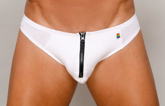 White briefs with a black zipper down the center and a rainbow flag patch on the waistband pride zip it thong