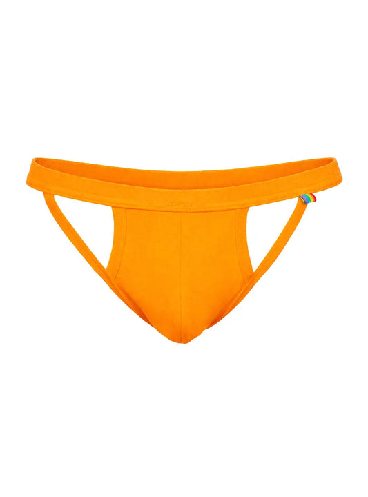 Orange slinger G-string made of soft fabric featuring a rainbow tag by Pride USA.
