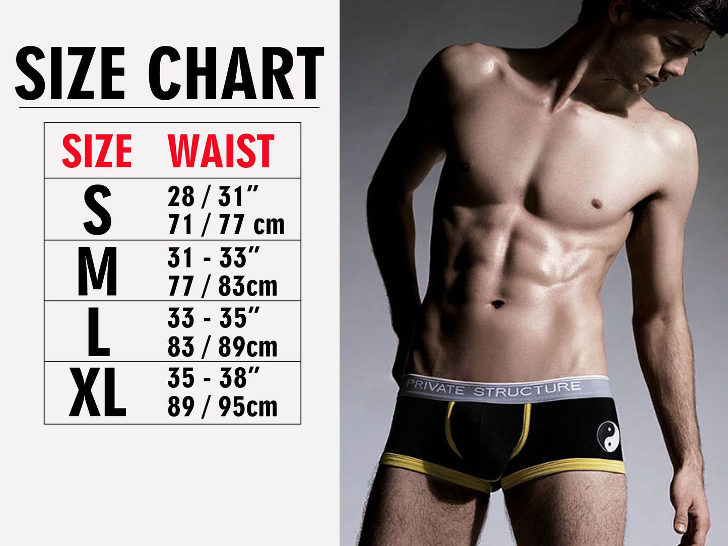 Black mens briefs with yellow trim and white yin yang logo on front branded private structure waistband blue color