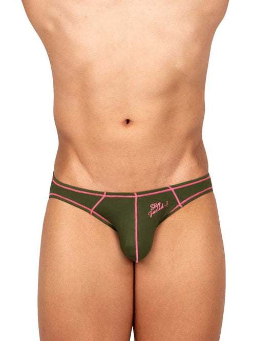 Olive green and pink geometric patterned private structure prime eutopia bikini brief with stay focused logo