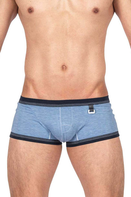 Private structure barn boy low rise trunk in denim blue heathered fabric with navy trim and white plastic buckle